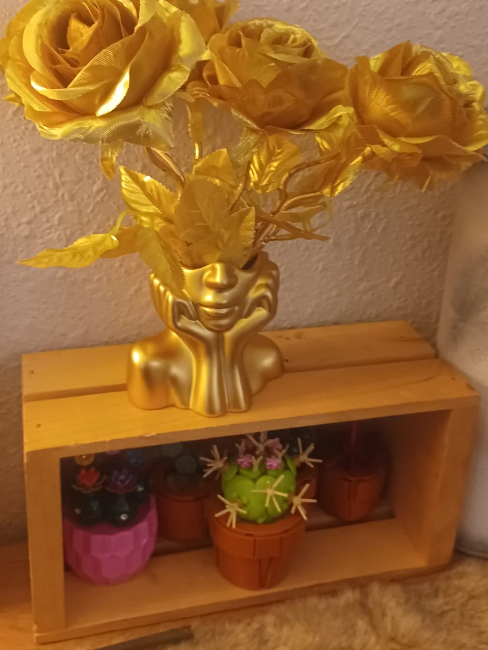 Gold Face Planter Vase with Artificial Gold Roses - Unbranded
